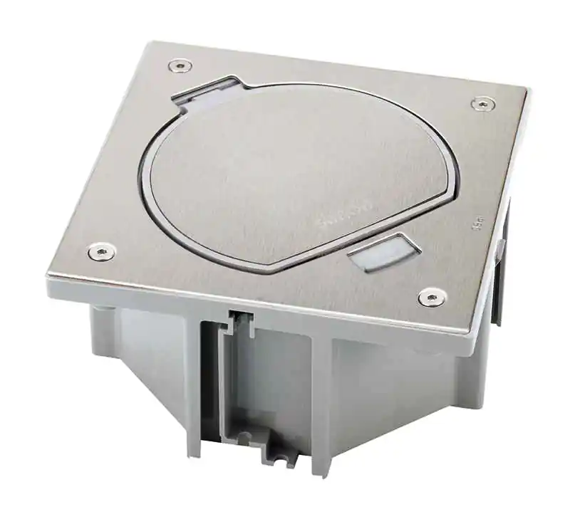 Sleva Podlahová nerezová zásuvka 1x 250V + 1xRJ45, manuální zámek, IP66, 135x135 mm, pro lité podlahy