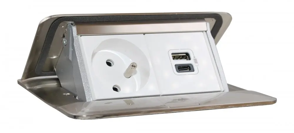 Hit Sezóny Pop-up blok, 1x zásuvka 230V + 2x nabíječka USB A+C (3A/15W), nerez matný / bílá, kabel 2m