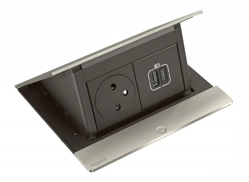 Značkový Pop-up blok INCARA 1x zásuvka 250V + nabíječka USB A+C 15W + montážní rám, broušený hliník, kabel 2m