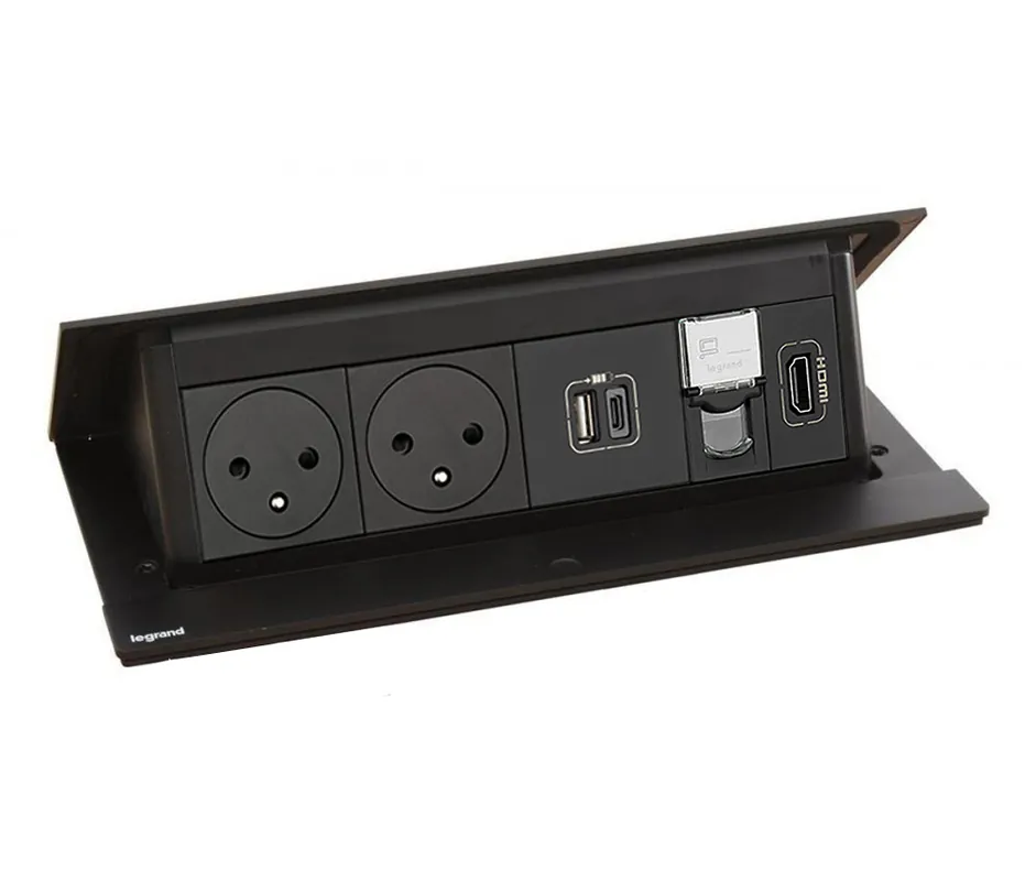 Pop-up blok INCARA 2x zásuvka 250V surface, 1x USB A+C nabíječka 15W, 1x RJ45, 1x HDMI + montážní rám, barva černá, kabel 2m Speciální Cena