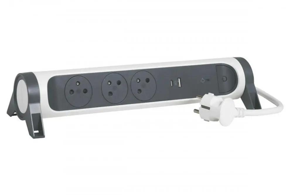 Výhodná Nabídka Prodlužovací přívod otočný, 3x zásuvka 230V, USB nabíječka A+C, přepěťová ochrana, vypínač, kabel 1.5m, barva tmavě šedá - bílá