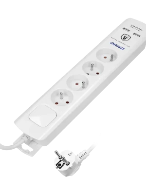 Levný Přepěťová ochrana 375J, 4x zásuvka 230V/10A, 2x nabíjecí USB-A 2.1A, prosvětlený vypínač, kabel 3m