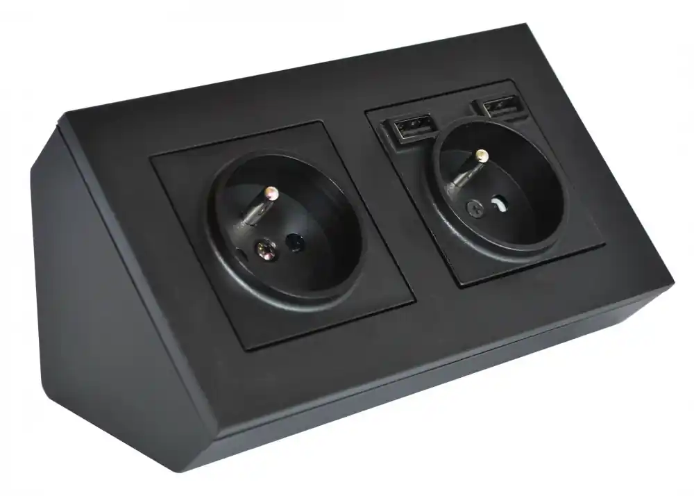 Rohová zásuvka 2x 250V s 2x USB-A nabíječkou v černé matné barvě, bez kabelu Akce