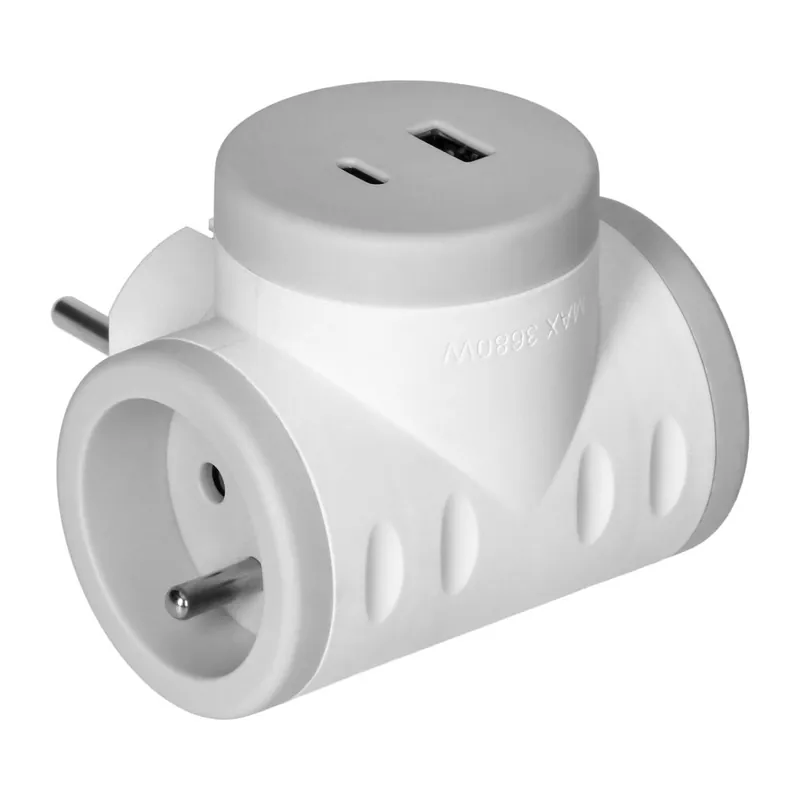 Tovární Cena Rozbočka do zásuvky 2P+E s 2xUSB A+C nabíječkou, Quickcharge, barva bílo-šedá