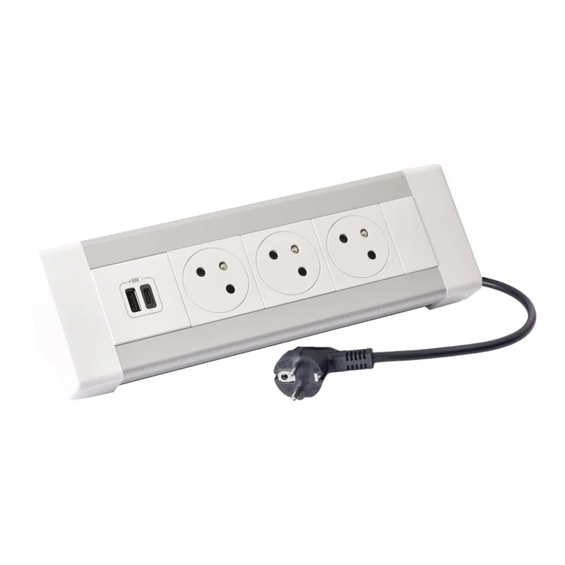 Výhodná Nabídka Stolní blok On Desk, 3x zásuvka 250V (surface 45°), 1x USB A+C nabíječka 15W, kabel 3m, barva hliník - bílá