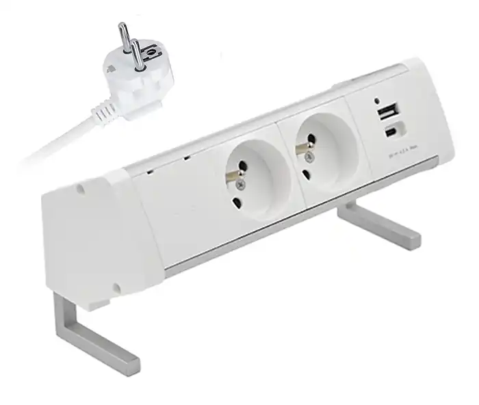 Hit Sezóny Stolní zásuvkový blok, 2x 250V, 2x nabíjecí USB 5V/4.2A (A+C), kabel 1m, barva bílo-stříbrná