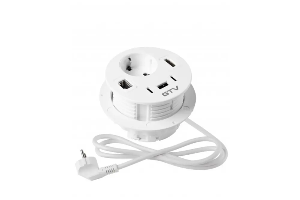 Akční Cena Vestavná zásuvka Rondo, 1x 230V (schuko), 1x USB-A + 2x USB-C nabíječka, 1x RJ45, 1x HDMI, kabel 1.5m, barva bílá