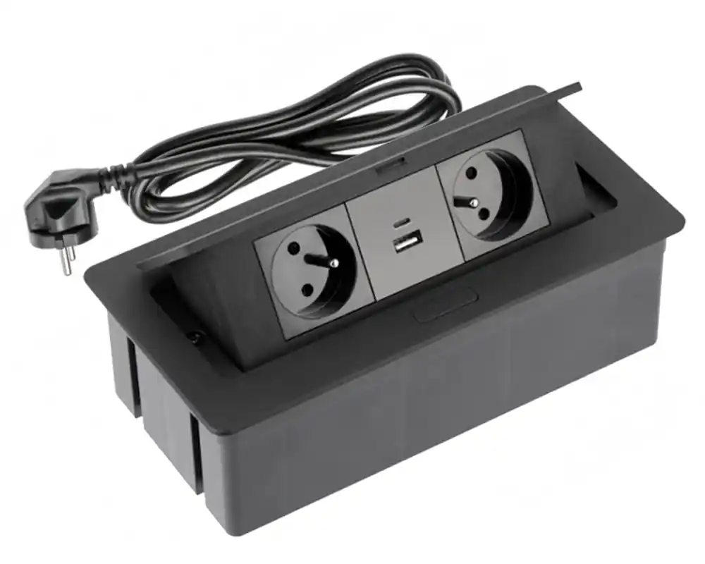 Výklopná zásuvka 2x 230V, 2x USB A+C nabíjecí 15W, barva černá, kabel o délce 1.5m Hit Sezóny
