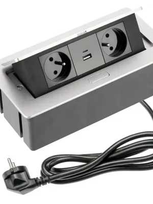 Výklopná zásuvka 2x 230V, 2x USB A+C nabíjecí 15W, barva stříbrná (hliník), kabel o délce 1.5m Poslední Šance