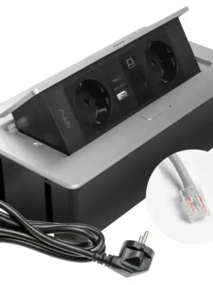 Speciální Cena Výklopná zásuvka MULTISOFT, 2x 230V schuko, USB A/C nabíječka, RJ45, barva stříbrná, kabel o délce 1.5m