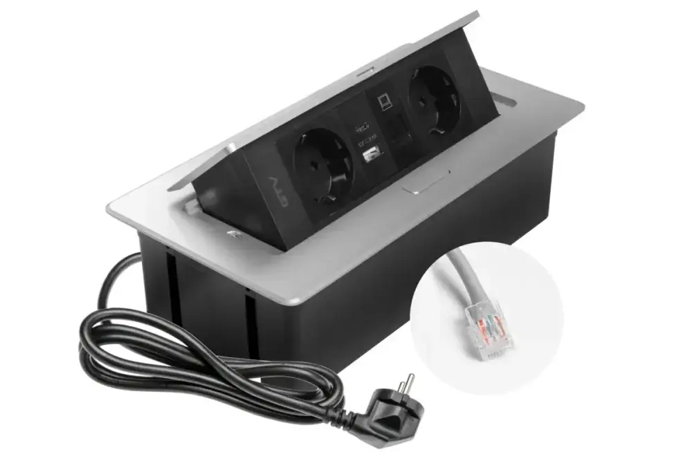 Speciální Cena Výklopná zásuvka MULTISOFT, 2x 230V schuko, USB A/C nabíječka, RJ45, barva stříbrná, kabel o délce 1.5m
