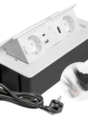 Akční Cena Výklopná zásuvka MULTISOFT, 2x 230V (schuko), USB A/C nabíječka, RJ45, HDMI, barva bílá, kabel o délce 1.5m
