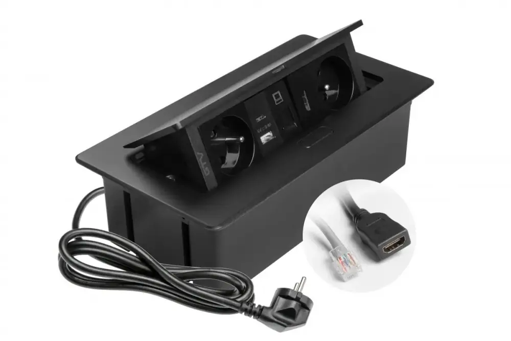 Výklopná zásuvka MULTISOFT, 2x 230V, USB A/C nabíječka, RJ45, HDMI, barva černá, kabel o délce 1.5m Kup Teď