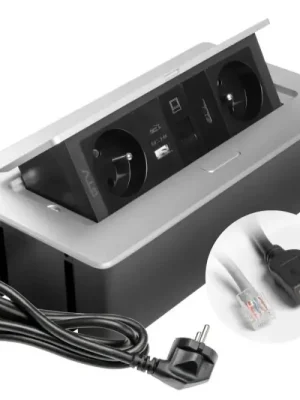 Tovární Cena Výklopná zásuvka MULTISOFT, 2x 230V, USB A/C nabíječka, RJ45, HDMI, barva stříbrná, kabel o délce 1.5m