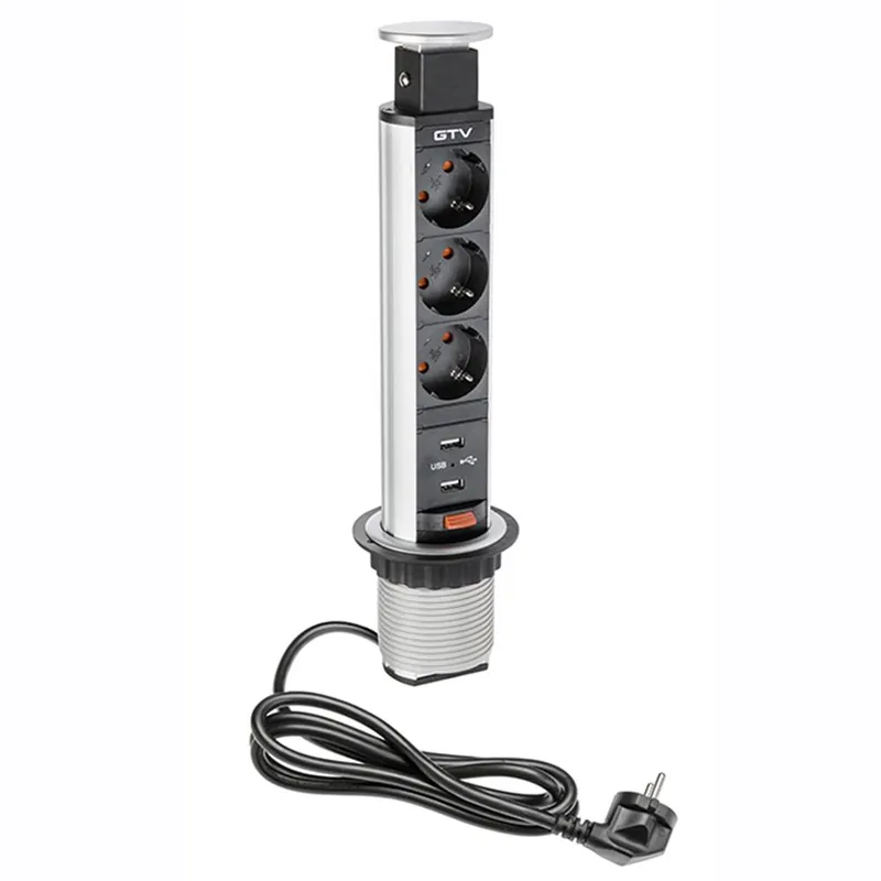 Výsuvná zásuvka úzká 60mm, 3 zásuvky (verze schuko), 2x usb, stříbrná barva Cenový Hit
