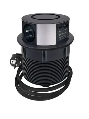 Aktuální Výsuvný blok zásuvek, 3x zásuvka 230V, USB rychlonabíjení A+C 20W Power Delivery, bezdrátová nabíječka 10W Qi, kabel 2m, barva černá