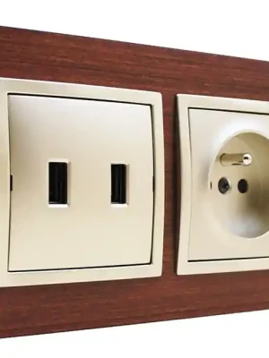 Zásuvka jednonásobná 250V/16A s 2x USB nabíječkou v dřevěném rámečku ořech/zlato, kryty přístrojů ve zlaté metalizované barvě Cenově Výhodný