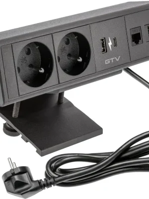 Autentický Zásuvka na desku stolu BAR, 2x 250V, 2x USB A+C nabíječka, 1x RJ45 cat.6, 1x HDMI, kabel 1.5m, hliníkové tělo, barva černá