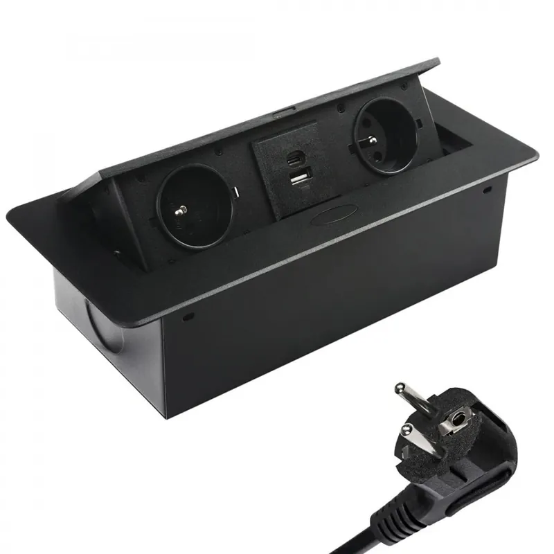 Ověřený Zásuvka výklopná 2 x 230V + 2x USB A+C nabíječkou 5V, IP20, max. příkon 3680W, délka kabelu 1.5 m, barva černá
