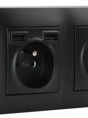 Zásuvkový blok nástěnný 2x 250V/16A s clonkami + 2x USB nabíječka, bez kabelu, černá matná Sezónní Sleva
