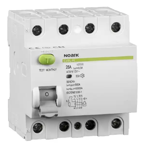 Výprodej Noark 108175 Ex9L-H 4P 25A 30mA Proudový chránič, Icn=10kA, 4-pól, In=25A, IΔn=30mA, typ AC