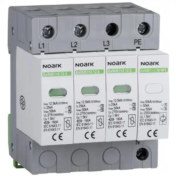 Noark 103341 Ex9UE1+2 12.5R 3PN 275 Svodič přepětí, třída 1+2 (B+C), Iimp=12,5 kA, Uc=275 VAC, 3+Npól, se signalizačním kontaktem Finální Výprodej