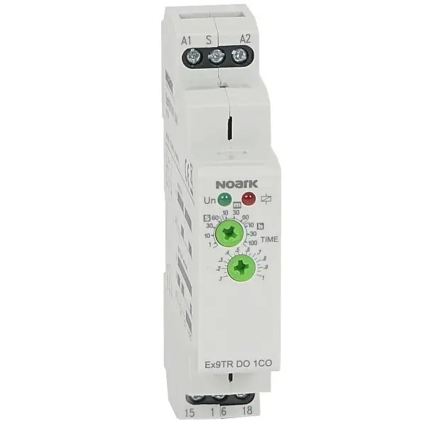Novinka Noark 111737 Ex9TR IO 1CO Jednofunkční časové relé, zpožděný návrat, 1x přepínací kontakt 16A, 12-240V AC/DC