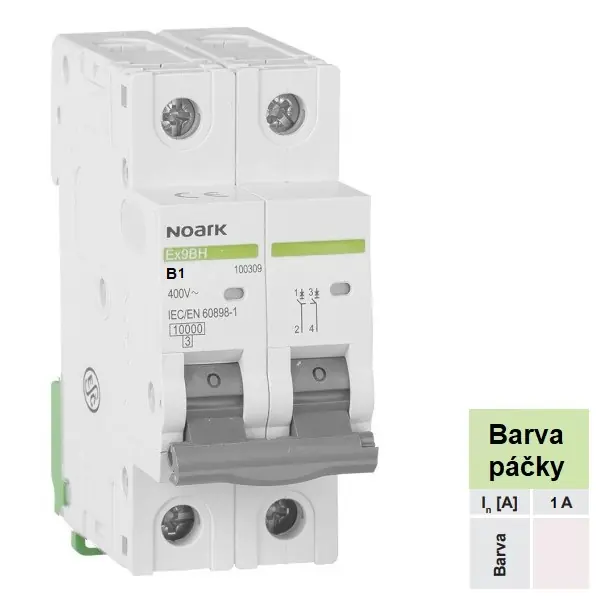 Cenově Výhodný Noark 100300 Ex9BH 2P B1 Instalační jistič 10 kA, charakteristika B, 1 A, 2pól