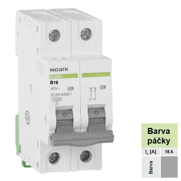 Vrácení Zdarma Noark 100308 Ex9BH 2P B16 Instalační jistič 10 kA, charakteristika B, 16 A, 2pól