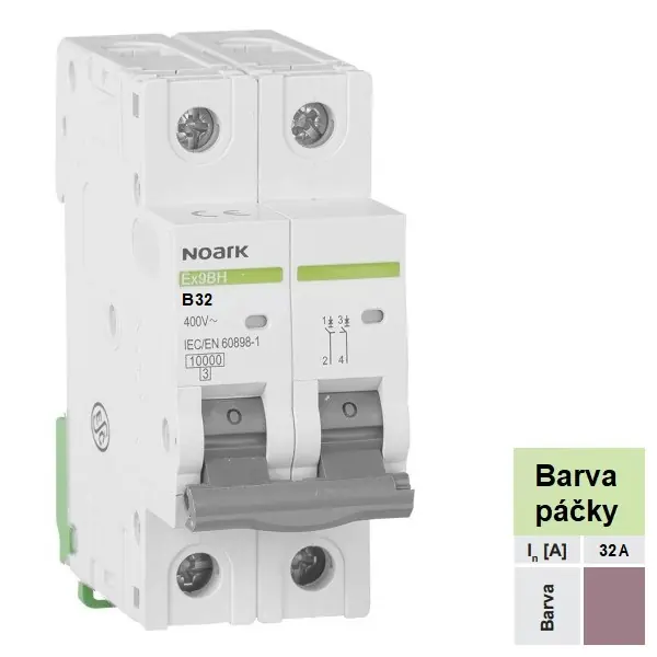 Noark 100311 Ex9BH 2P B32 Instalační jistič 10 kA, charakteristika B, 32 A, 2pól Akční Nabídka