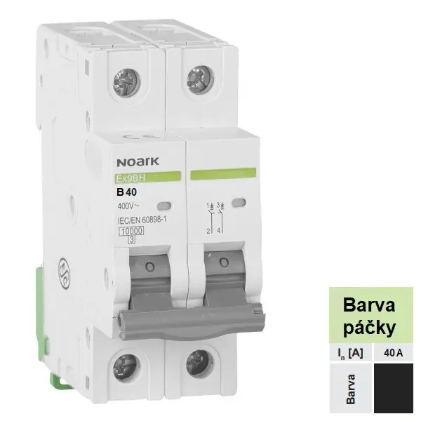 Noark 100312 Ex9BH 2P B40 Instalační jistič 10 kA, charakteristika B, 40 A, 2pól Značkový