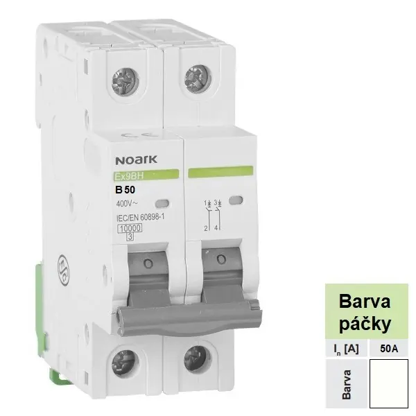 Noark 100313 Ex9BH 2P B50 Instalační jistič 10 kA, charakteristika B, 50 A, 2pól Omezená Nabídka