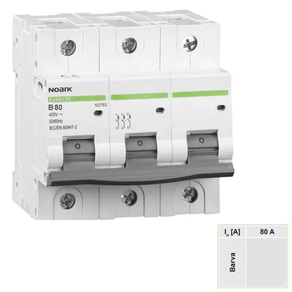 Noark 102781 Ex9B125 3P B80A Instalační jistič 20 kA, charakteristika B, 80 A, 3-pól Objednat Nyní