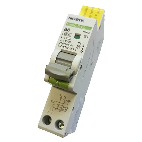 Noark 111146 Ex9NLE EL 1PN B6 30mA Jednomodulový Elektronický proud. chránič s nadpr. ochr., Icn=6kA, 1+Npól, char. B, In=6A, I?n=30mA, typ AC Výprodej
