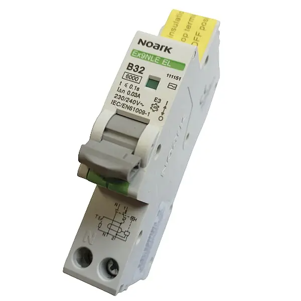Nová Kolekce Noark 111151 Ex9NLE EL 1PN B32 30mA Jednomodulový Elektronický proud. chránič s nadpr. ochr., Icn=6kA, 1+Npól, char. B, In=32A, I?n=30mA, typ AC