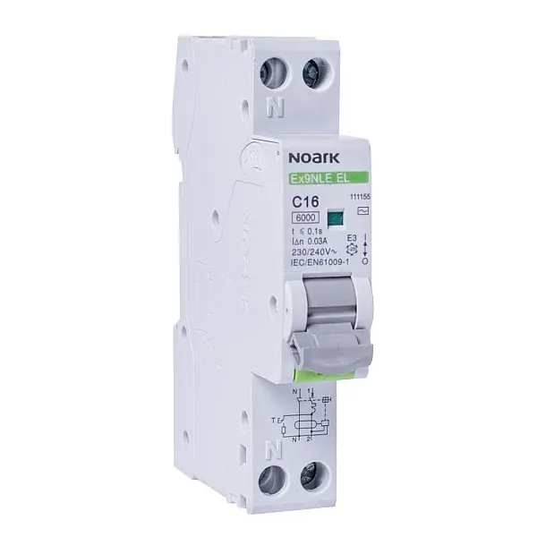 Noark 111155 Ex9NLE EL 1PN C16 30mA Jednomodulový Elektronický proud. chránič s nadpr. ochr., Icn=6kA, 1+Npól, char. C, In=16A, I?n=30mA, typ AC Ihned K Objednání