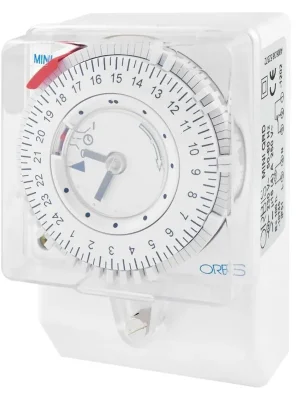 Sleva Spínací hodiny ORBIS MINI QRD ELEMAN analog., denní, 100x69mm se zálohou, bílé, na PANEL/lištu, 1000801