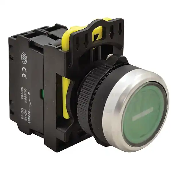Tracon NYG3-P1L Tlačítko podsvětlené s popisem zelené ( bílá I ) 1×NO, 5A/230V AC-15, IP65, LED 230V AC/DC Zlevněný