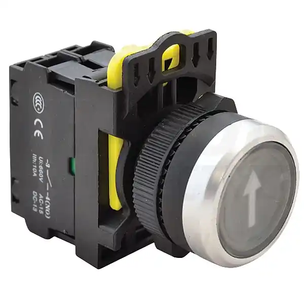 Akce Tracon NYG3-P4L Tlačítko podsvětlené s popisemčerné ( bílá šipka ) 1×NO, 5A/230V AC-15, IP65, LED 230V AC/DC