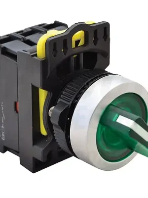 Speciální Cena Tracon NYK3-SL21G Otočný spínač s páčkou,podsvícený, zelená LED, 2-polohov 1×NO+1×NC, 5A/230V AC-15, IP65, LED 230V AC/DC