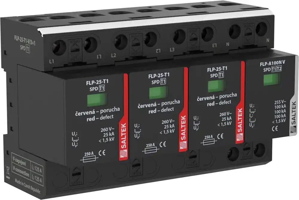 Výhodná Nabídka SALTEK Ochrana FLP-25-T1-V/3+1 přepětí bleskových proudů, vhodné pro 3-fázový systém TT, instalace na vstupu do budovy, 100 kA (10/350)