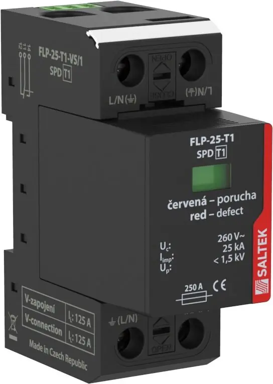 SALTEK Ochrana FLP-25-T1-VS/1 přepětí vhodná pro systémy TN a TT, 25 kA (10/350), dálková signalizace poruchy Vysoce Kvalitní